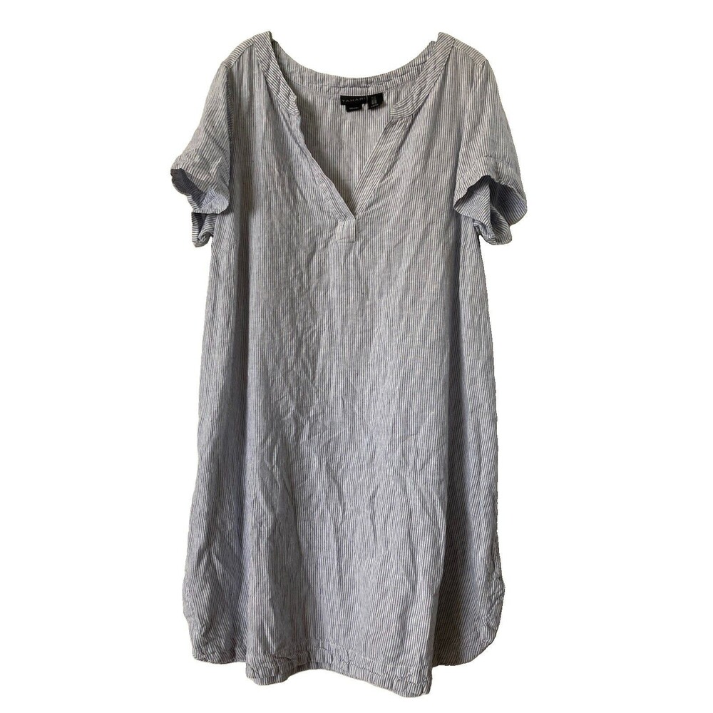 TAHARI 100% Linen Striped Dress 1X Blue Short Sleeve Minimalist Beach Coastal